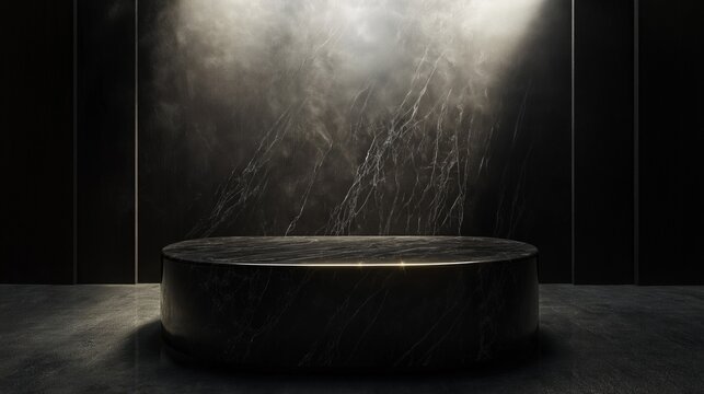 Round, black marble table in the center of a dark room with a dramatic and moody atmosphere.