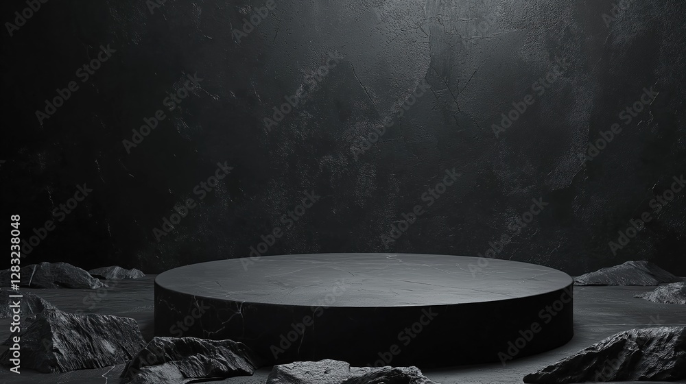 Poster black and white photograph of a round platform in the middle of a dark room. the platform is made of