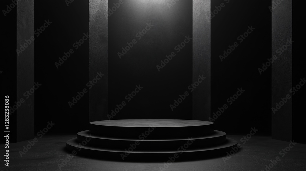 Aufkleber black and white photograph of a circular stage in a dark room. the stage is in the center of the ima