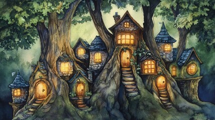 Enchanted Treetop Village at Night Glowing Windows and Stone Houses in Lush Green Forest