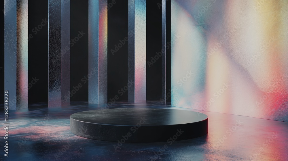 Poster empty room with a circular platform in the center. the platform is black and appears to be made of a