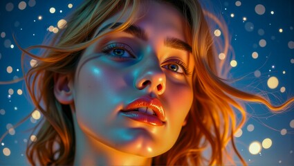 Fototapeta premium A woman with blonde hair and blue eyes is looking at the camera. She has a bright smile and is wearing makeup. The image has a dreamy, ethereal quality to it