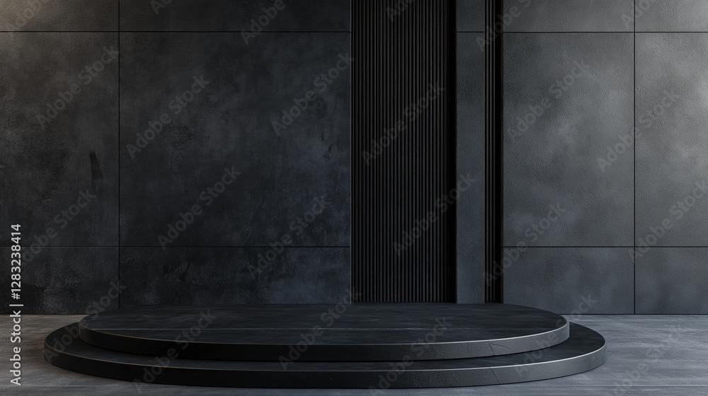 Poster black circular platform in the center of a room with a modern and minimalist design. the platform is