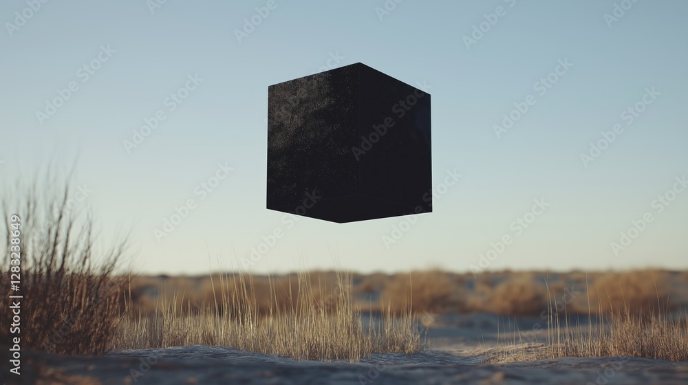 Poster black cube floating in the air over a barren landscape. the cube appears to be made of a smooth, glo