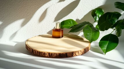 Natural Beauty Product Display on Wooden Slice