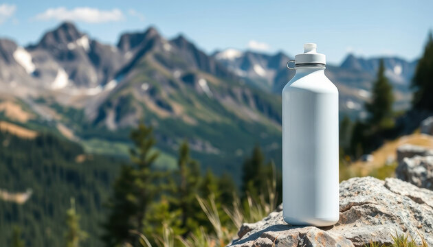 White water bottle - mockup for text or logo, leaning on a rock on a hiking trail, mountains in the background, bright sunny day with clouds - Powered by Adobe
