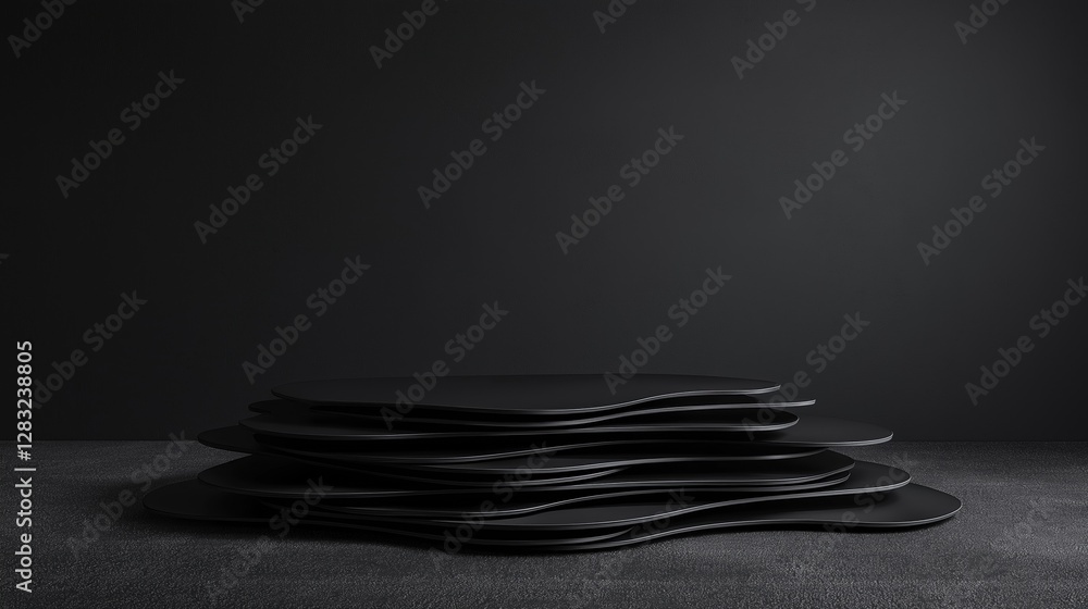 Poster stack of black plates arranged in a pyramid-like shape on a grey surface. the plates are stacked on 