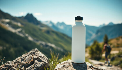 White water bottle - mockup for text or logo, leaning on a rock on a hiking trail, mountains in the background, bright sunny day with clouds