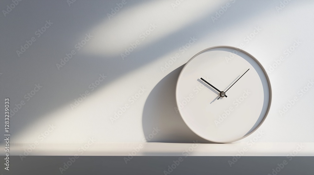 Aufkleber round white clock with black hands on a white wall. the clock is placed on a grey surface and is cas