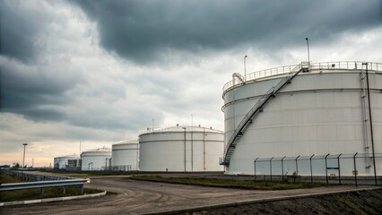 Obraz premium Minimalist Industrial Oil Refinery: Sky, Tanks, Petroleum Energy Production