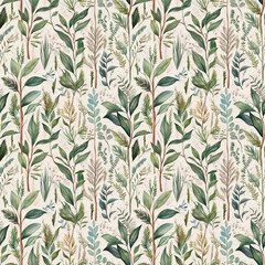 Seamless botanical pattern featuring lush green leaves and ferns on a soft cream background
