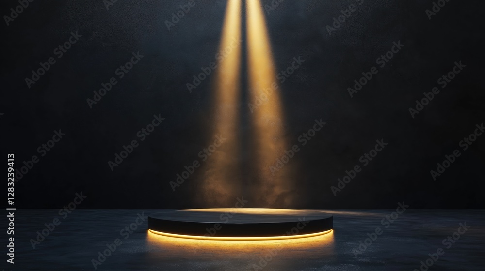 Aufkleber stage with a circular platform in the center. the platform is lit up with a bright yellow light, cre
