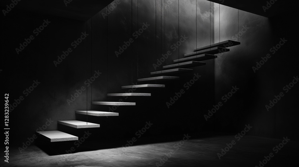Poster black and white photograph of a staircase in a dark room. the staircase is made up of multiple steps