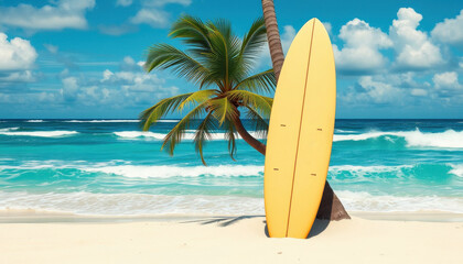 Surfboard - mockup for text or logo, eaning against a palm tree on a tropical beach. Turquoise water, white sand, raging sea with waves, blue sky with clouds, realistic surfboard texture