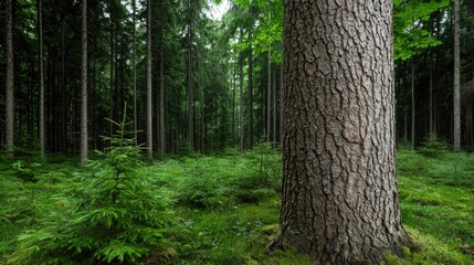 Fototapeta premium Massive textured tree trunk stands in the foreground of a dense green pine forest with lush undergrowth.
