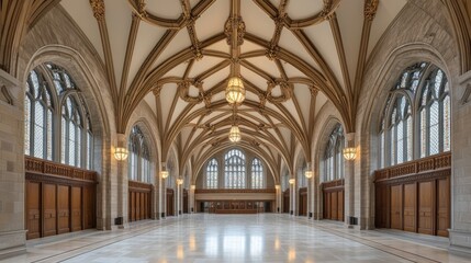 A legislative hall with vaulted ceilings and delicate stained-glass windows. Featuring reverence and history
