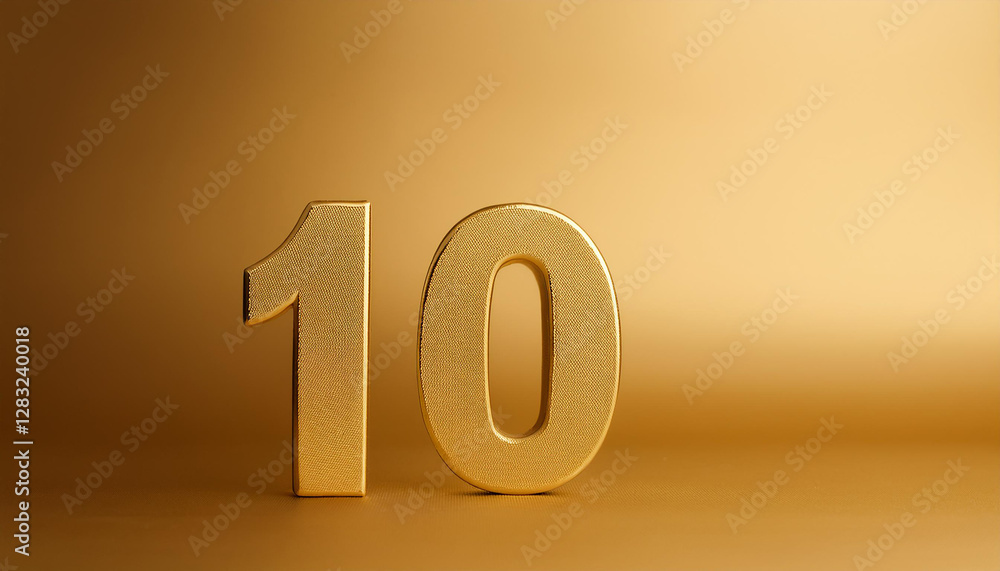 Poster golden number 10 ten on golden background with gradient and copy space. 3d rendering.