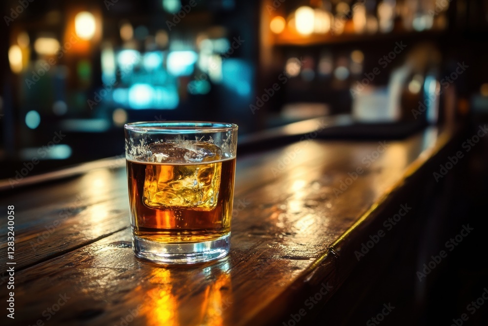 Aufkleber Glass of whiskey with ice on a wooden bar counter in a dimly lit pub setting. Generative AI
