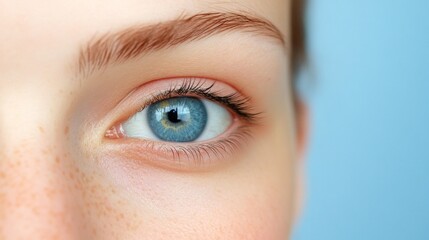 Obraz premium A close-up reveals the enchanting blue eyes of a young woman, reflecting light and vibrancy. Her flawless skin is accentuated by soft, natural makeup, creating a serene and intimate atmosphere