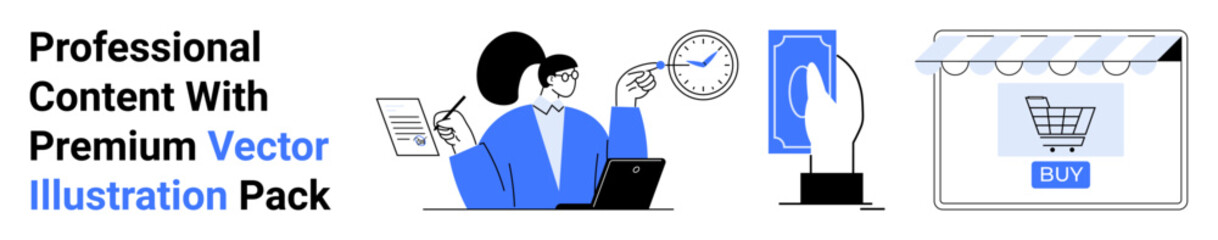 Woman working on laptop, pointing at clock beside document, smartphone with hand, online store with shopping cart. Ideal for teamwork, business flow, ecommerce, marketing, planning analysis flat