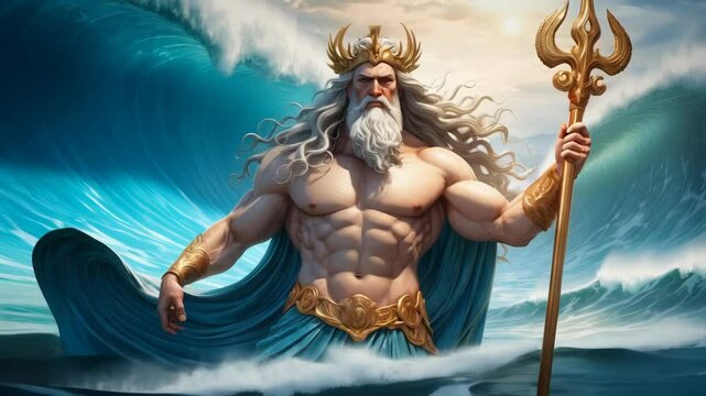 Poseidon, the Greek god of the seas, standing majestic and powerful with a trident in hand, surrounded by sea waves and sea legendary creatures
