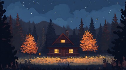 Serene Nighttime Cabin In A Starlit Forest