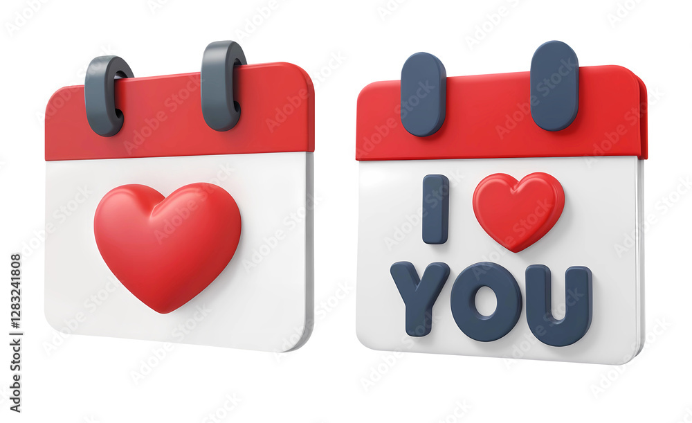 Poster 3d rendering calendar with i love you and calendar with a red heart isolated on transparent backgrou