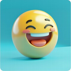 Fototapeta premium Emoji of Pure Delight: Capturing a sense of joy, a vibrant emoji with an open mouth and cheerful expression, is set against a soft blue backdrop, embodying humor, fun, and digital communication.