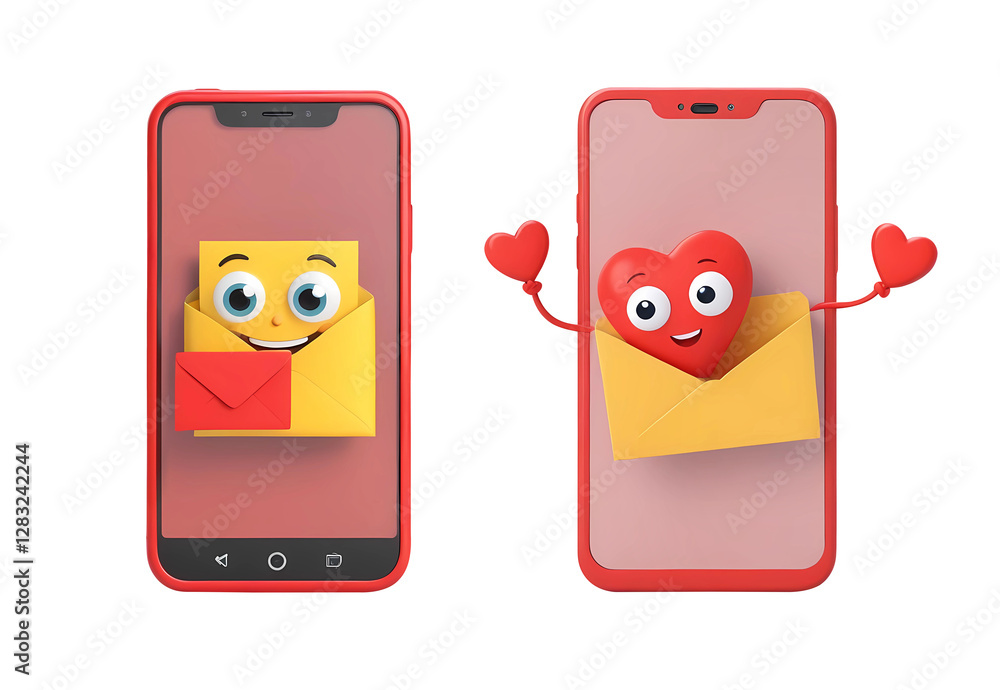 Poster 3d rendering red smartphones with a yellow envelope and a red heart isolated on transparent backgrou