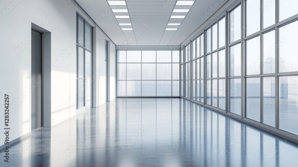 Fototapete In an empty corridor, expansive tall windows flood the space with gentle sunlight, creating a tranquil atmosphere. Smooth floors and minimalist walls enhance the calm ambiance
