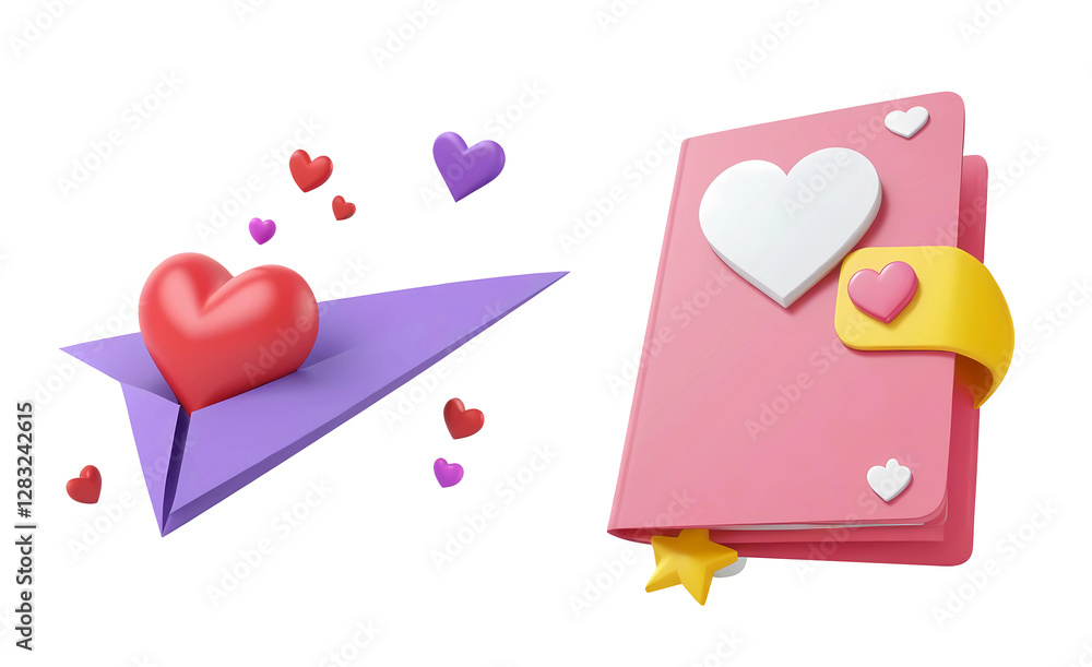 Poster 3d rendering purple paper airplane with a red heart on top and white notebook with a white heart iso