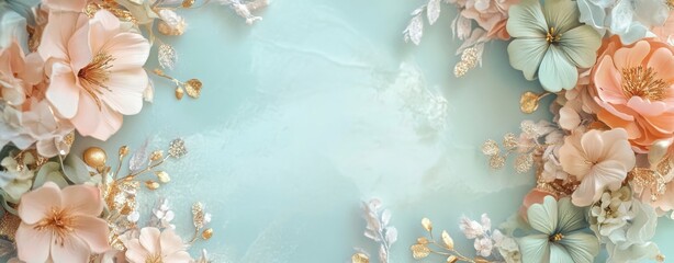 Pastel Peach and Mint Floral Arrangement with Gold Accents on Teal Background