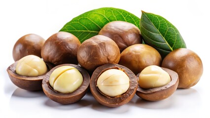 Macadamia Nuts with Leaves on White Background