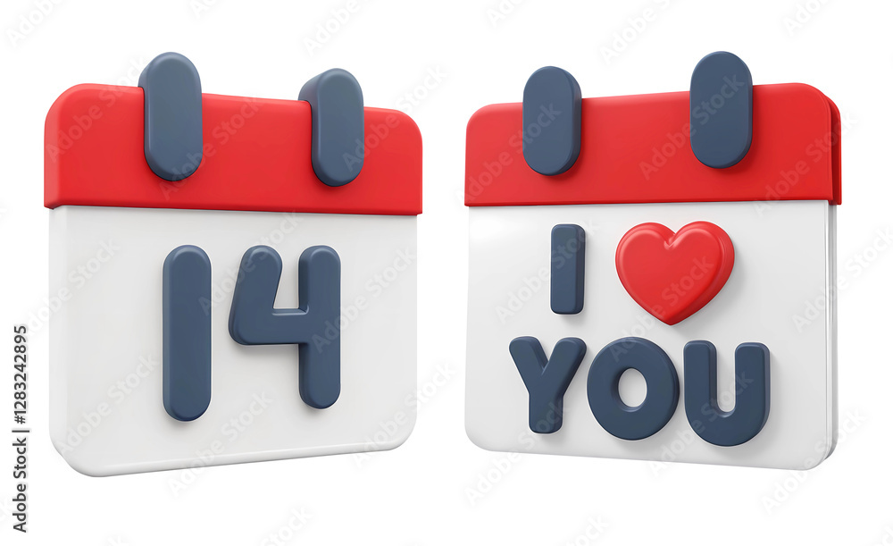 Poster 3d rendering calendar with the number 14 and calendar with i love you isolated on transparent backgr