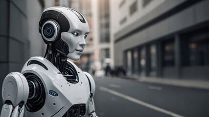 AI robot, futuristic humanoid with sleek white design and glowing blue eyes, advanced artificial intelligence in an urban city street..