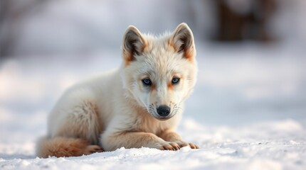 Obraz premium Wild arctic baby wolf in nature. Winter time