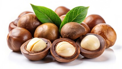 Macadamia Nuts with Leaves on White Background