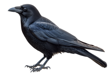 Black raven perched with majestic feathers