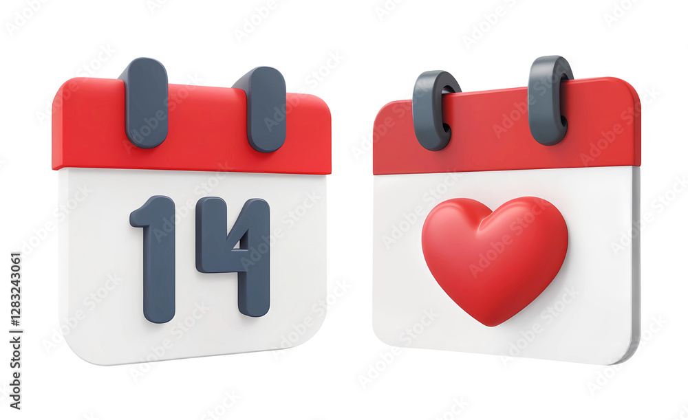 Fototapete 3d rendering calendar with the number 14 and calendar with a red heart isolated on transparent backg
