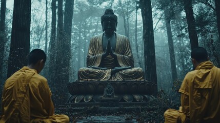 Serene Buddha Statue Amidst Forest, Monks Meditating in Tranquility