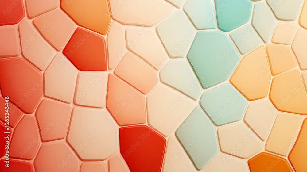 Poster bold colorful geometric pattern featuring irregular shapes in warm and cool tones, creating visually