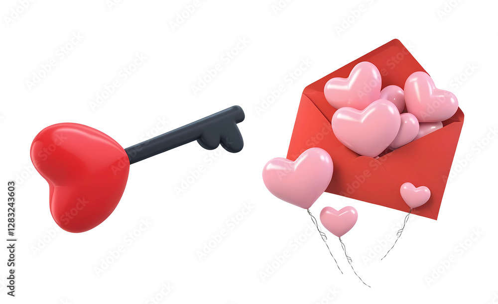 Poster 3d rendering red heart shaped key and red envelope full of pink heart balloons isolated on transpare