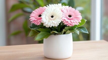 Fototapeta premium Pink and white gerbera daisies in a pot on a wooden table