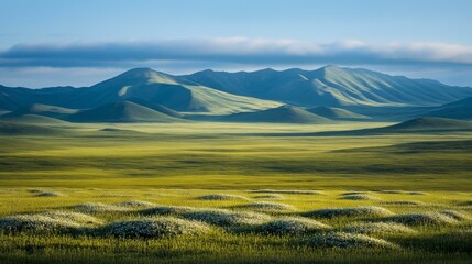 Vast Green Prairie Landscape Underneath Blue Sky