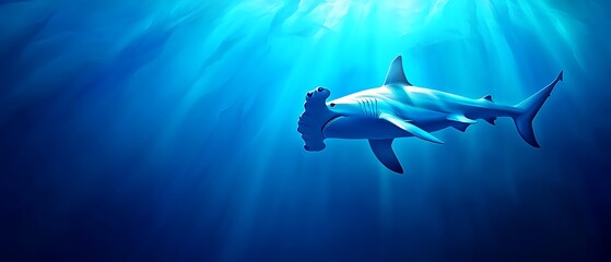 Obraz premium Majestic Hammerhead Shark Swimming Gracefully Through Vibrant Blue Ocean Water Under Sunlight Rays