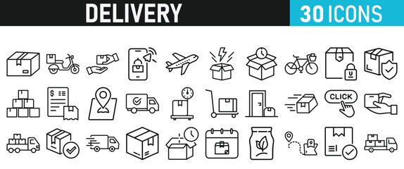 Delivery service icon set. Order tracking, delivery home, warehouse, truck, scooter, courier and cargo icons vector collection 