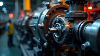 Fototapeta premium Close-up view of industrial machinery components, showcasing intricate details and robust construction in a factory setting.