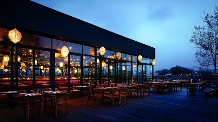Exterior View Of A Restaurant At Night With Decorative Lanterns And Reflected Lights