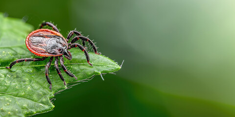 Fototapeta premium Macro photograph of a tick in grass, highlighting its role as a bloodsucking parasite and potential transmission of diseases like Lyme.