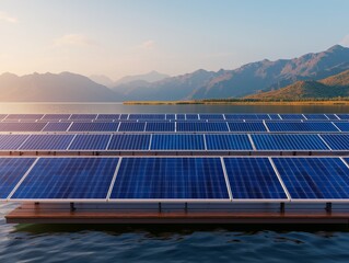 A serene landscape featuring solar panels on a floating platform, surrounded by mountains and reflecting water under a clear sky.